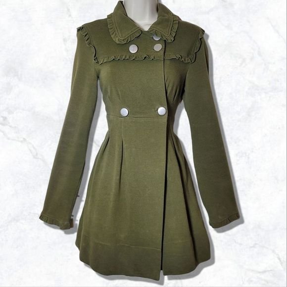 Stella Star Jackets & Blazers - Stella Star Green Ruffle Pleated Knit Peacoat